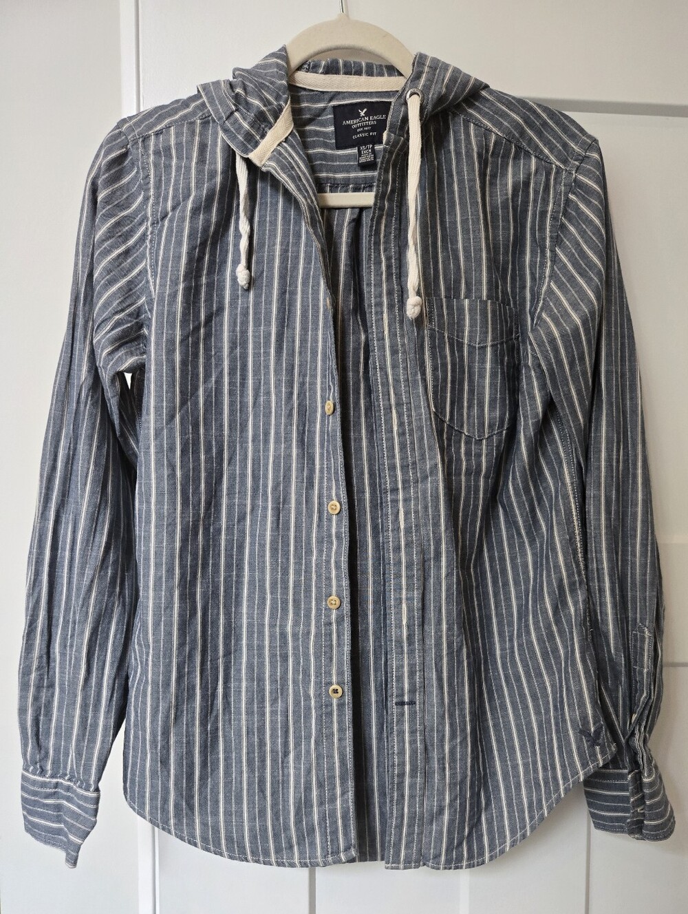 American Eagle Outfitters Navy and White Striped Hooded Button-Down Shirt